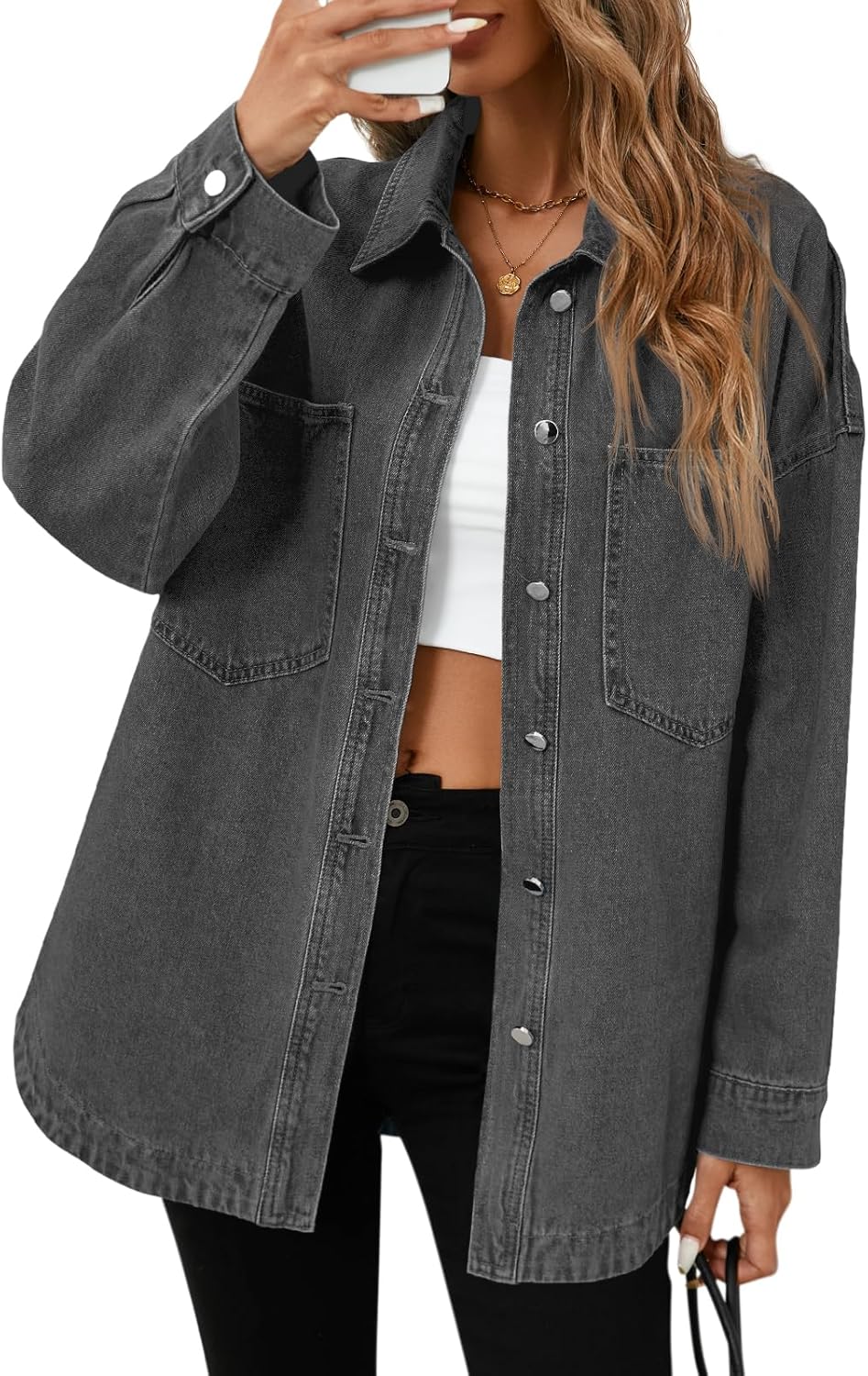 Tankaneo Womens Oversized Denim Shirt Jacket Button Down Long Sleeve Fall Casual Jean Shackets - Image 10
