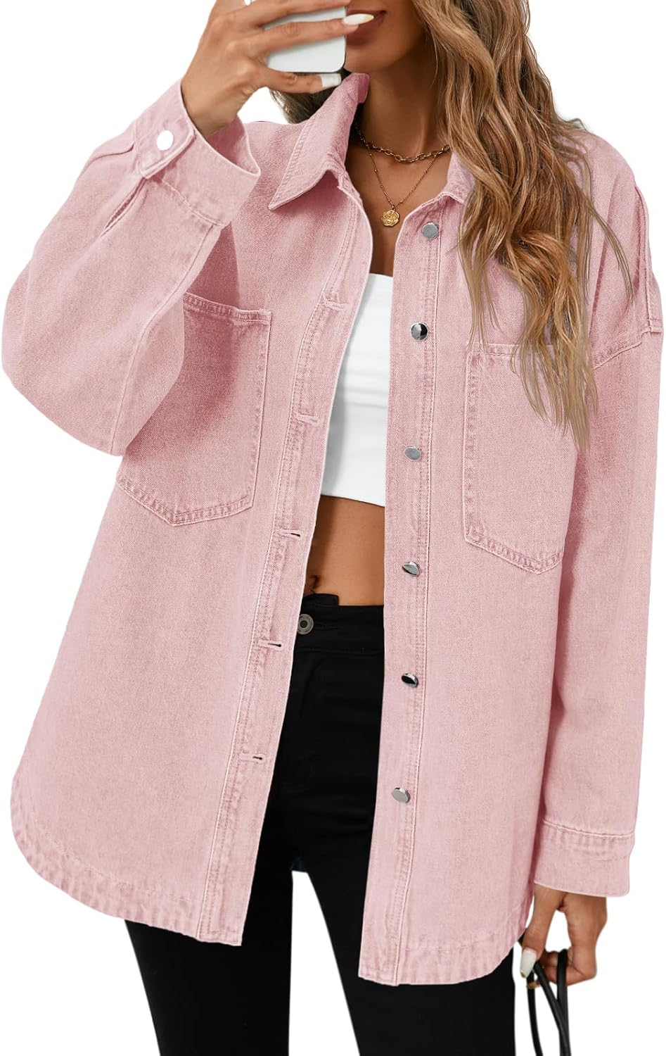 Tankaneo Womens Oversized Denim Shirt Jacket Button Down Long Sleeve Fall Casual Jean Shackets - Image 9