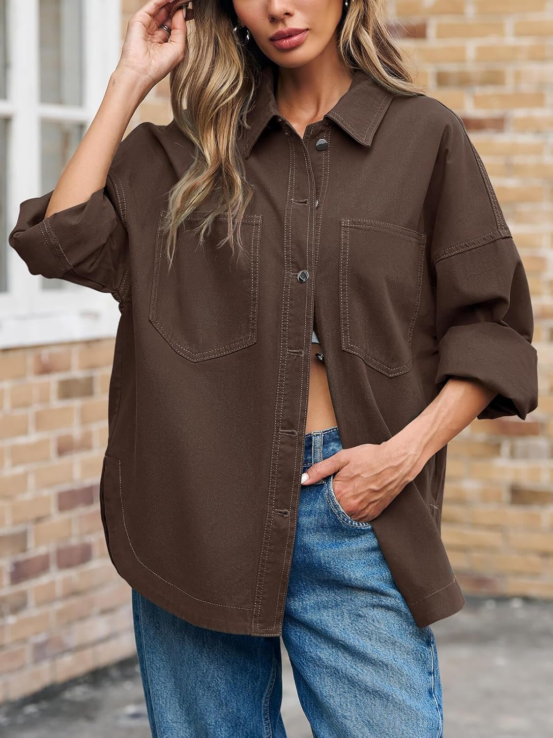 Tankaneo Womens Oversized Denim Shirt Jacket Button Down Long Sleeve Fall Casual Jean Shackets - Image 3