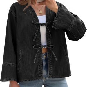 Tankaneo Womens Tie Front Denim Jacket Long Wide Sleeve Loose Fit Bow Jeans Coat Going Out Shacket