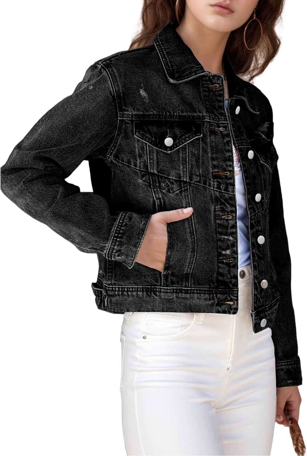 TodTan Jean Jacket Women Distressed Ripped - Casual Long Sleeve Fall Denim Jacket Coat