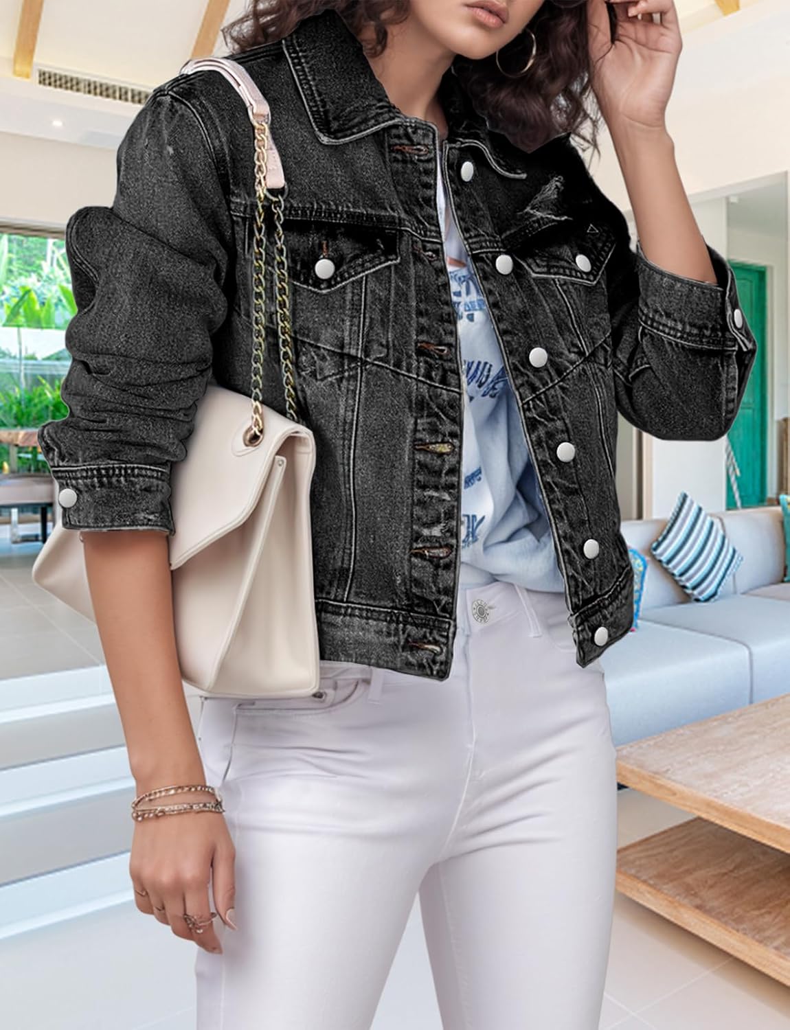 TodTan Jean Jacket Women Distressed Ripped - Casual Long Sleeve Fall Denim Jacket Coat - Image 6