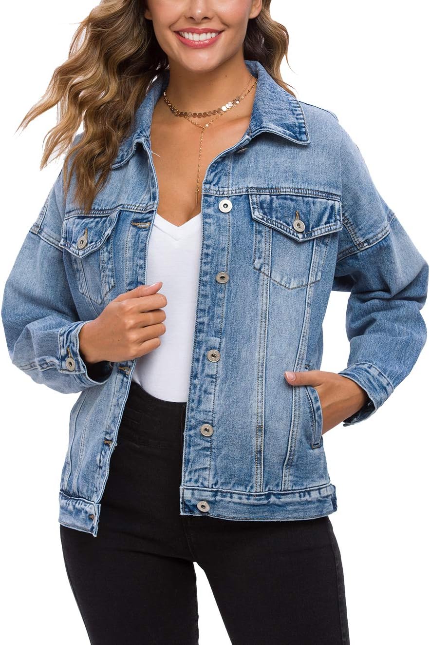 Tsher Women's Oversize Vintage Washed Denim Jacket Long Sleeve Classic Loose Jean Trucker Jacket D003 - Image 7