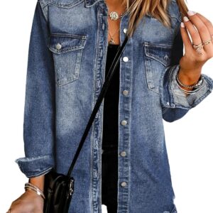 UEAL Womens Oversized Button Down Frayed Hem Denim Shacket Casual Long Sleeve Jean Jackets 2025 Spring Outfits