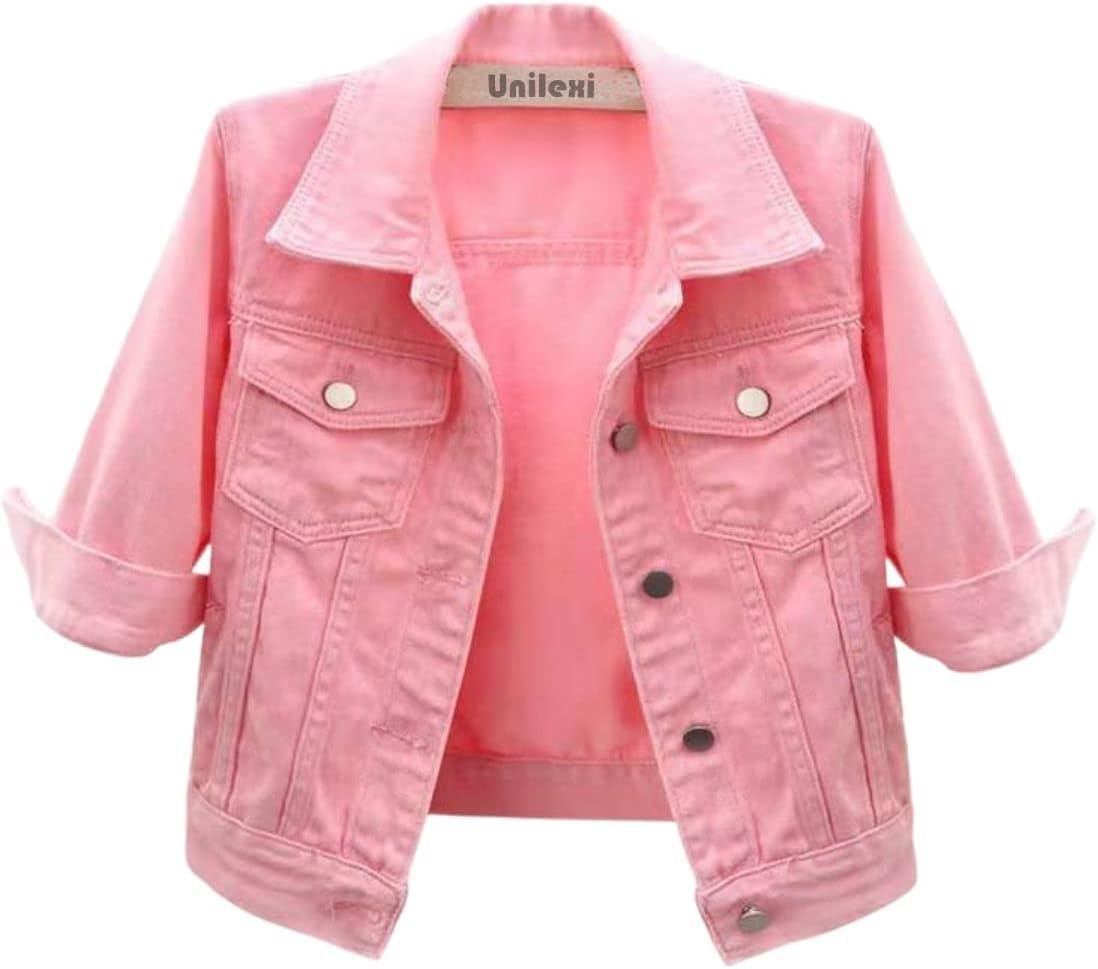Unilexi Women's 3\/4 Sleeve Colored Cropped Denim Jacket Light Wash Short Jean Jacket Trucker Coat - Image 9
