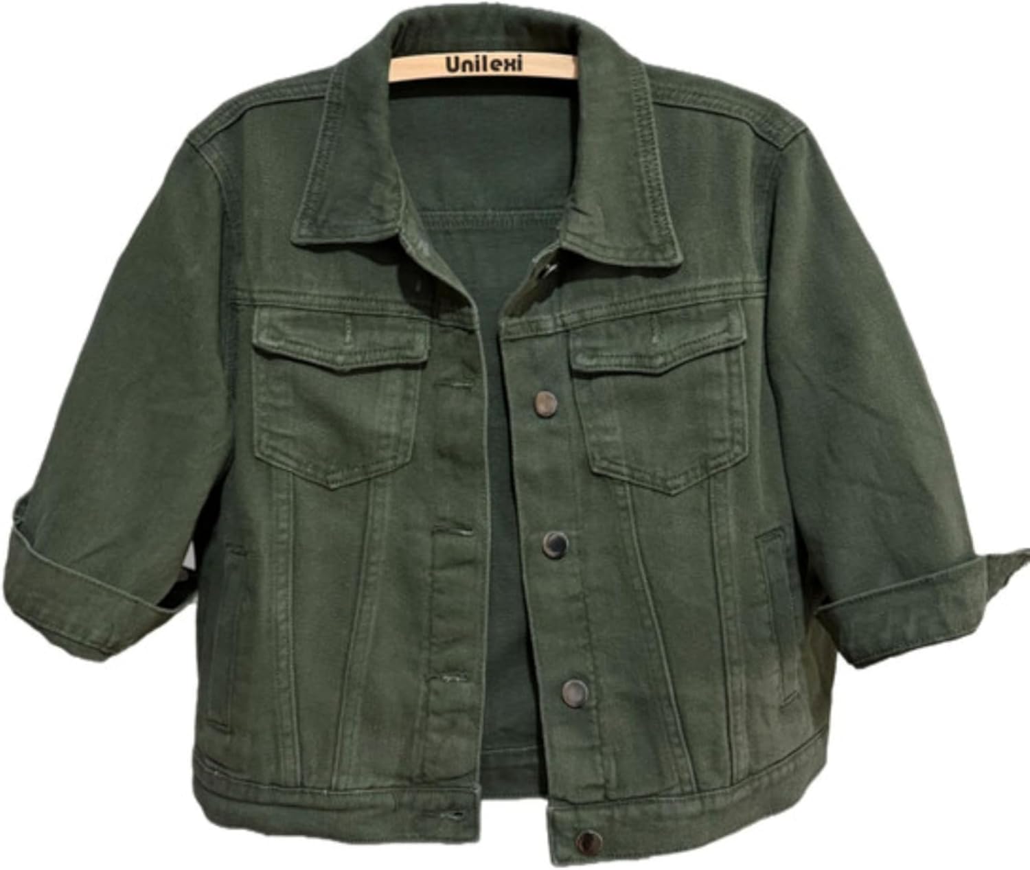 Unilexi Women's 3\/4 Sleeve Colored Cropped Denim Jacket Light Wash Short Jean Jacket Trucker Coat - Image 14