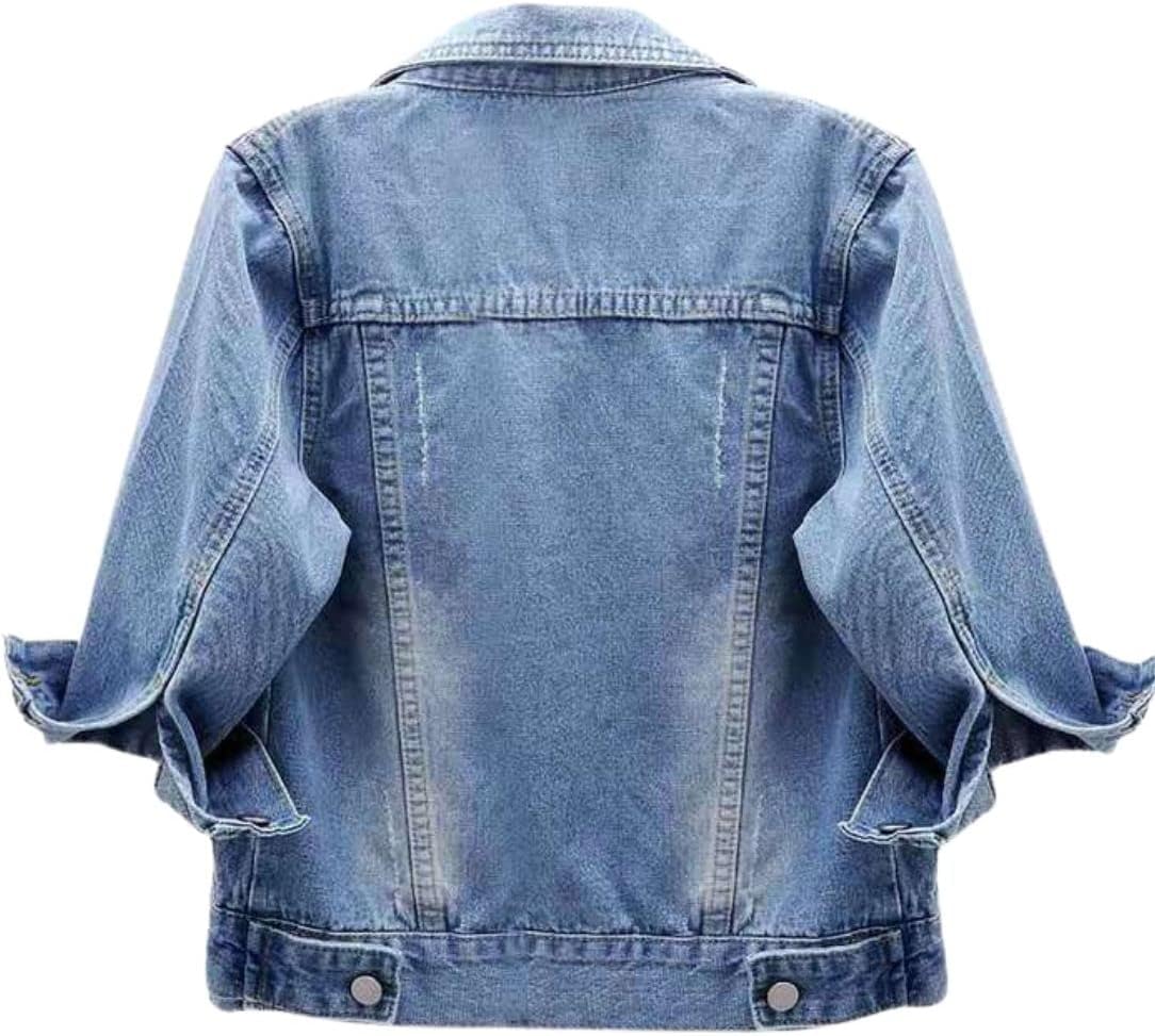 Unilexi Women's 3\/4 Sleeve Colored Cropped Denim Jacket Light Wash Short Jean Jacket Trucker Coat - Image 2