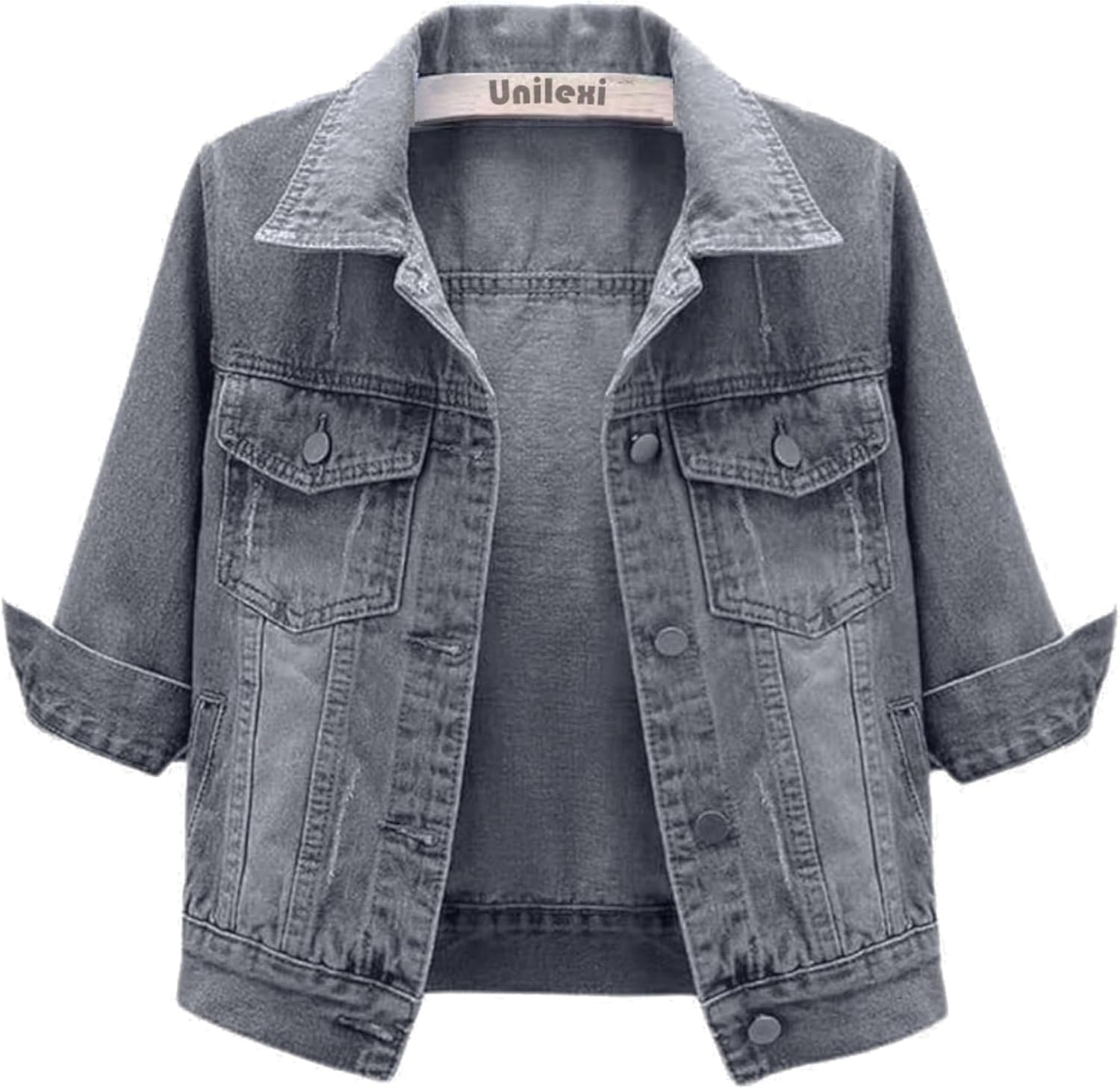 Unilexi Women's 3\/4 Sleeve Colored Cropped Denim Jacket Light Wash Short Jean Jacket Trucker Coat - Image 12