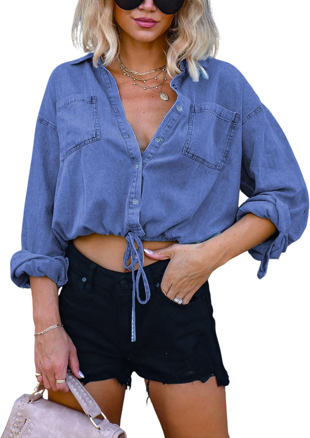 Unilexi Women's 3\/4 Sleeve Colored Cropped Denim Jacket Light Wash Short Jean Jacket Trucker Coat - Image 10