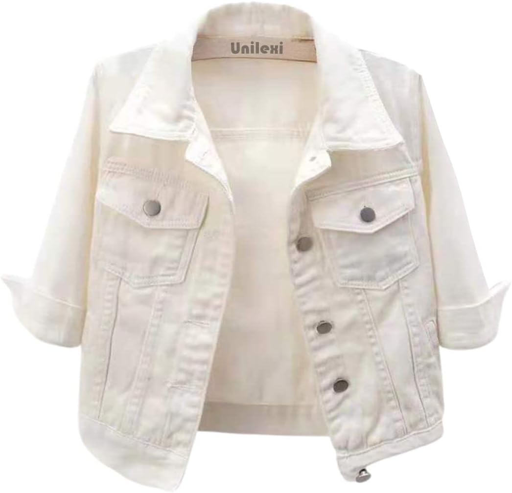 Unilexi Women's 3\/4 Sleeve Colored Cropped Denim Jacket Light Wash Short Jean Jacket Trucker Coat - Image 13