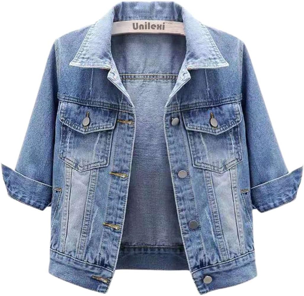 Unilexi Women's 3\/4 Sleeve Colored Cropped Denim Jacket Light Wash Short Jean Jacket Trucker Coat