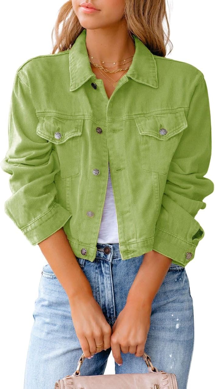 utcoco Women's Cropped Jean Jacket Long Sleeve Casual Button Down Denim Jacket