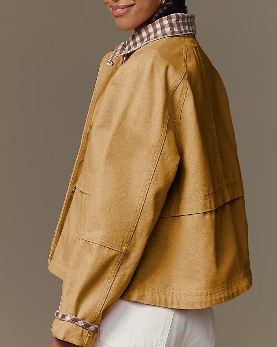 VAOYIU Women Snap Button Denim Jacket Cuffs Loose Plaid Collar Outfit Trendy Jean Coat with Pockets Spring Autumn Wear - Image 3