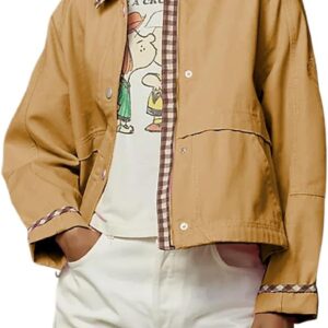 VAOYIU Women Snap Button Denim Jacket Cuffs Loose Plaid Collar Outfit Trendy Jean Coat with Pockets Spring Autumn Wear