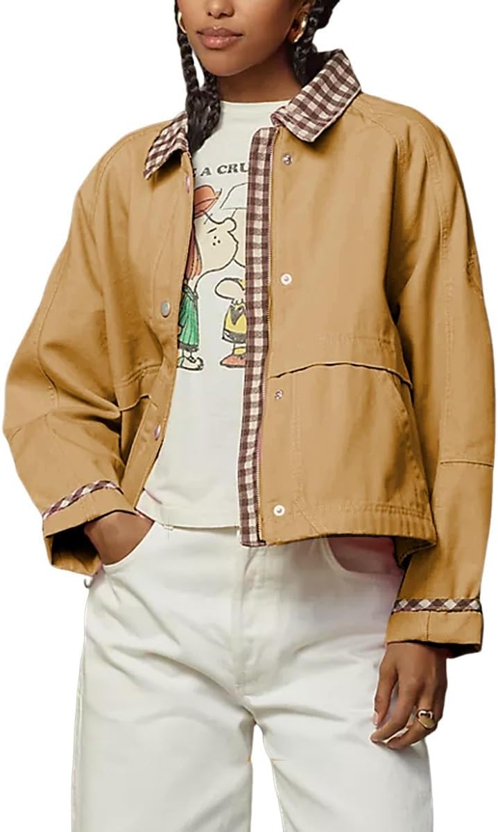 VAOYIU Women Snap Button Denim Jacket Cuffs Loose Plaid Collar Outfit Trendy Jean Coat with Pockets Spring Autumn Wear