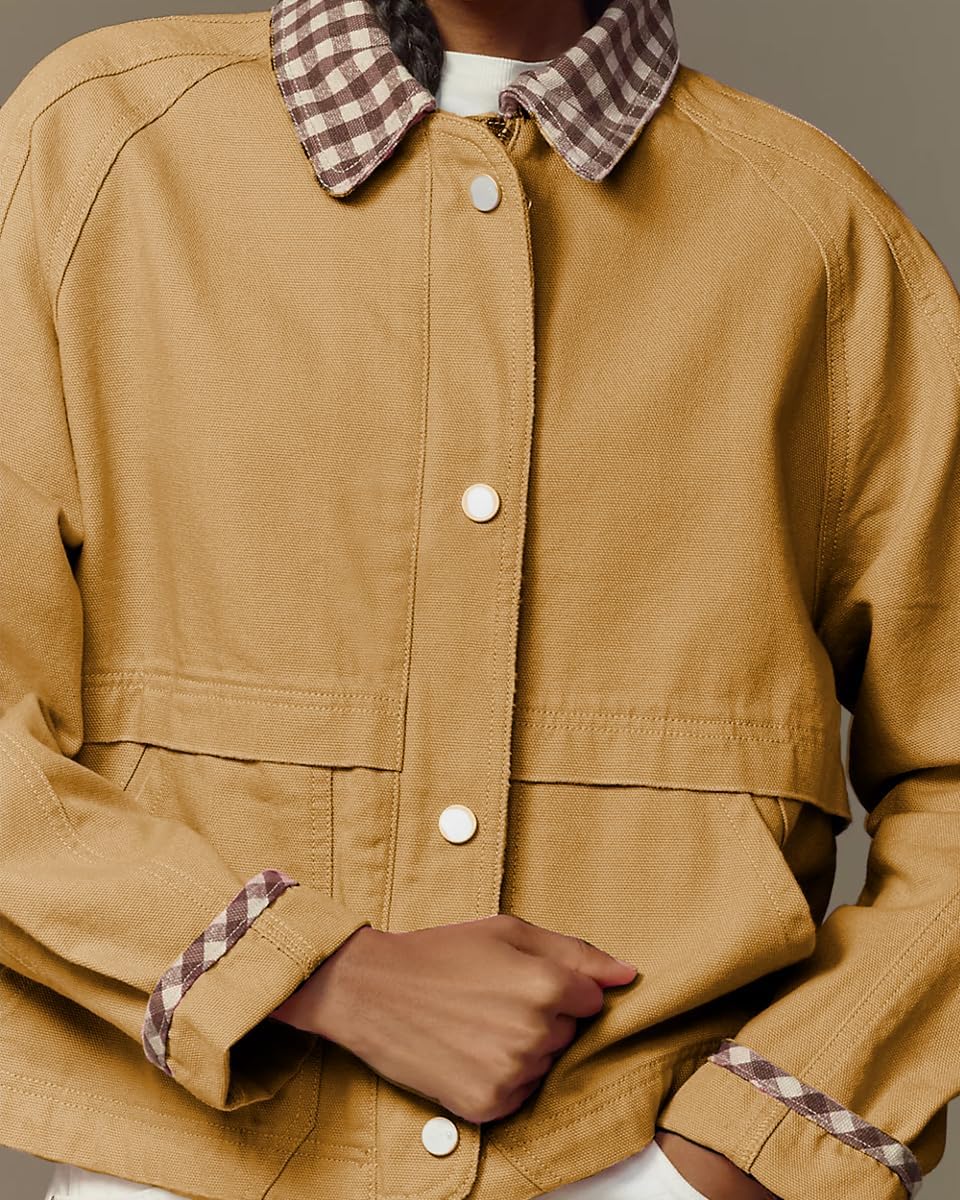 VAOYIU Women Snap Button Denim Jacket Cuffs Loose Plaid Collar Outfit Trendy Jean Coat with Pockets Spring Autumn Wear - Image 2