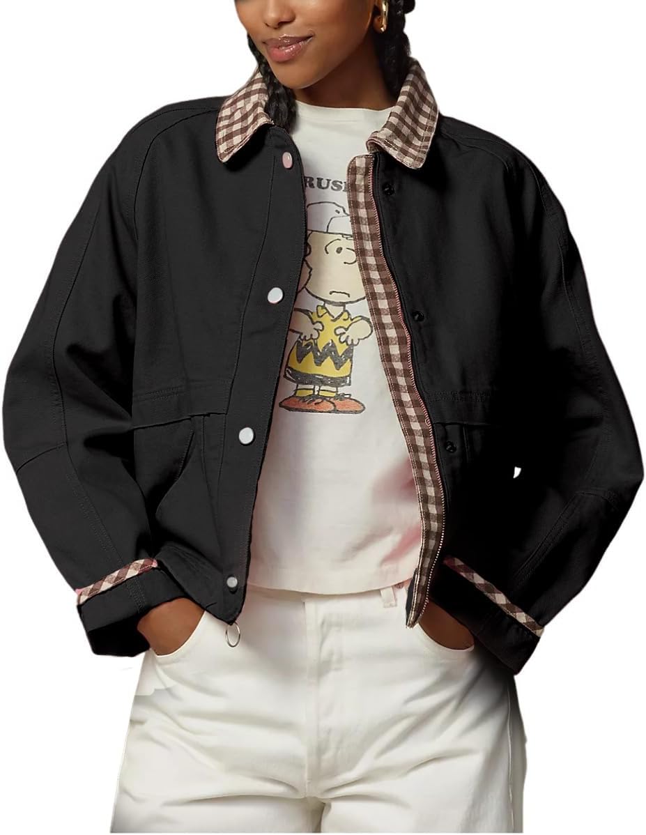 VAOYIU Women Snap Button Denim Jacket Cuffs Loose Plaid Collar Outfit Trendy Jean Coat with Pockets Spring Autumn Wear - Image 4