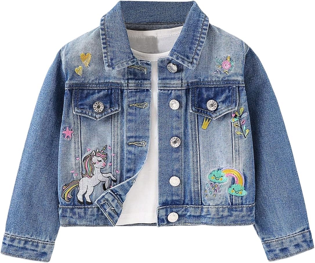Verdusa Girl's Jean Jacket Cute Embroidery Denim Jacket Long Sleeve Button Down Spring Fall Outerwear