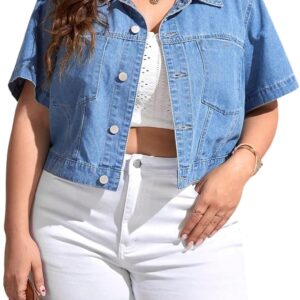 Verdusa Women's Plus Size Button Front Denim Jacket Summer Streetwear Crop Tops with Pockets