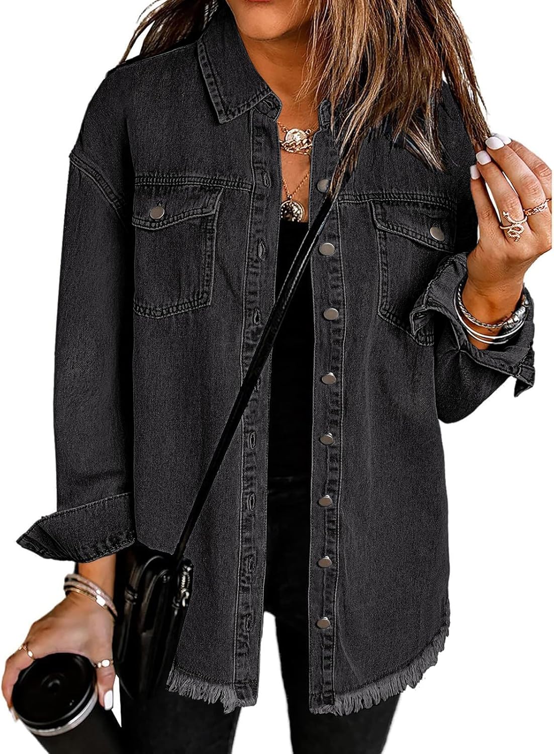Vetinee Women\u2019s Oversized Button Up Frayed Hem Shacket Long Sleeve Pockets Denim Jean Jacket