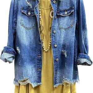 Women Denim Shirt Jacket Long Sleeve Shacket Coat Distressed Washed Ripped Frayed Hem Jean Jacket