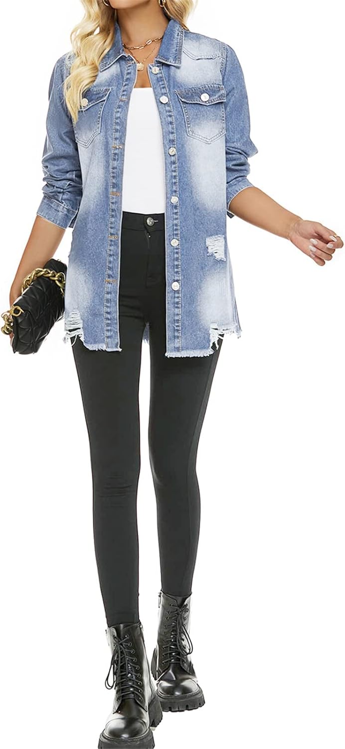 Womens Denim Ripped Distressed Button Down Mid Long Casual Jean Jackets - Image 5