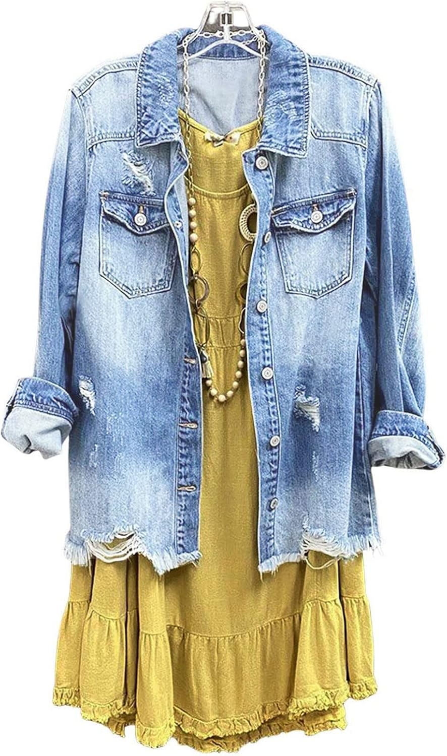 Womens Denim Ripped Distressed Button Down Mid Long Casual Jean Jackets