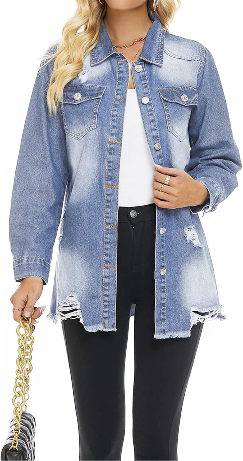 Womens Denim Ripped Distressed Button Down Mid Long Casual Jean Jackets - Image 2