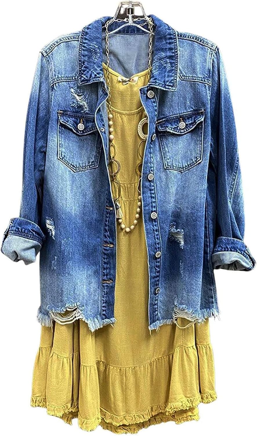 Womens Denim Ripped Distressed Button Down Mid Long Casual Jean Jackets - Image 7