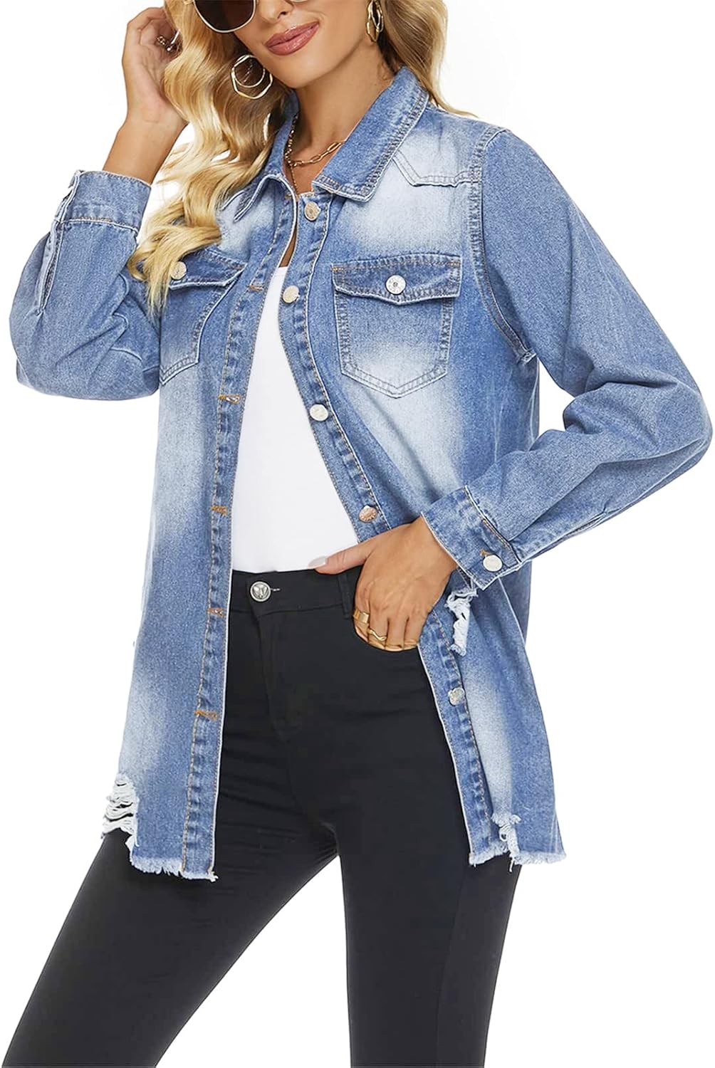 Womens Denim Ripped Distressed Button Down Mid Long Casual Jean Jackets - Image 4