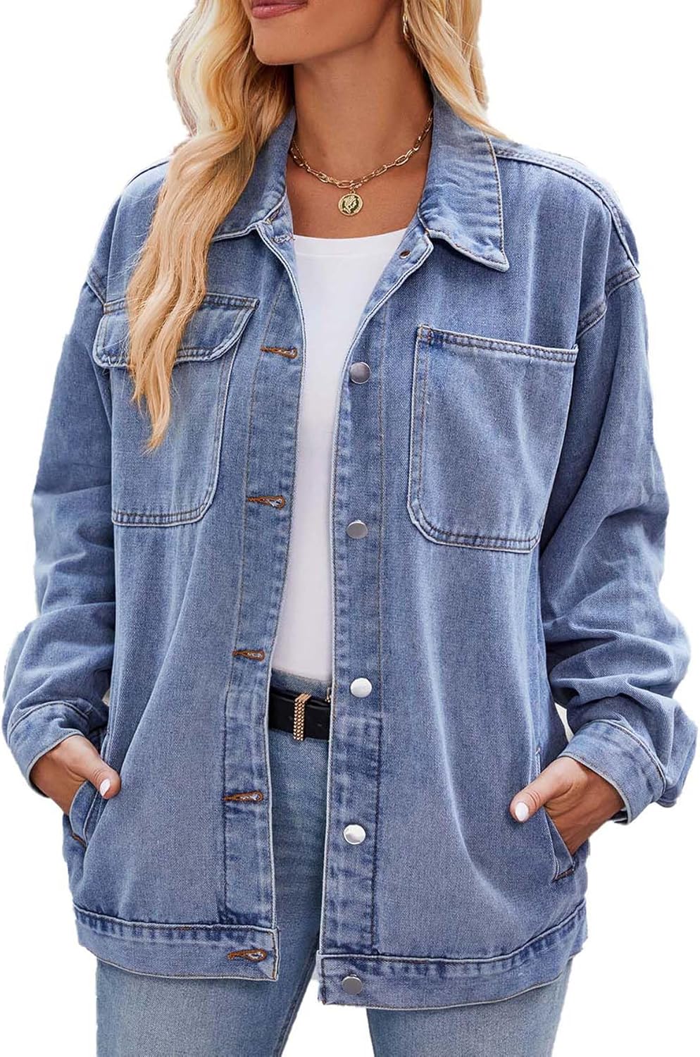 Womens Jean Jackets Long Sleeve Fashion Button Down Denim Jacket with Pockets LIGHTBLUE M