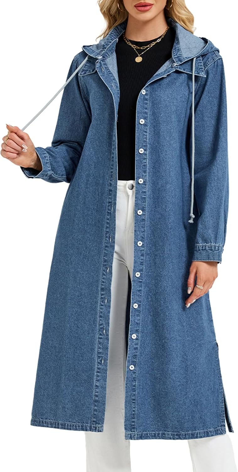 Women's Long Denim Jackets Maxi Trench Coat Jean Jacket with Drawstring Detachable Hoodie - Image 3