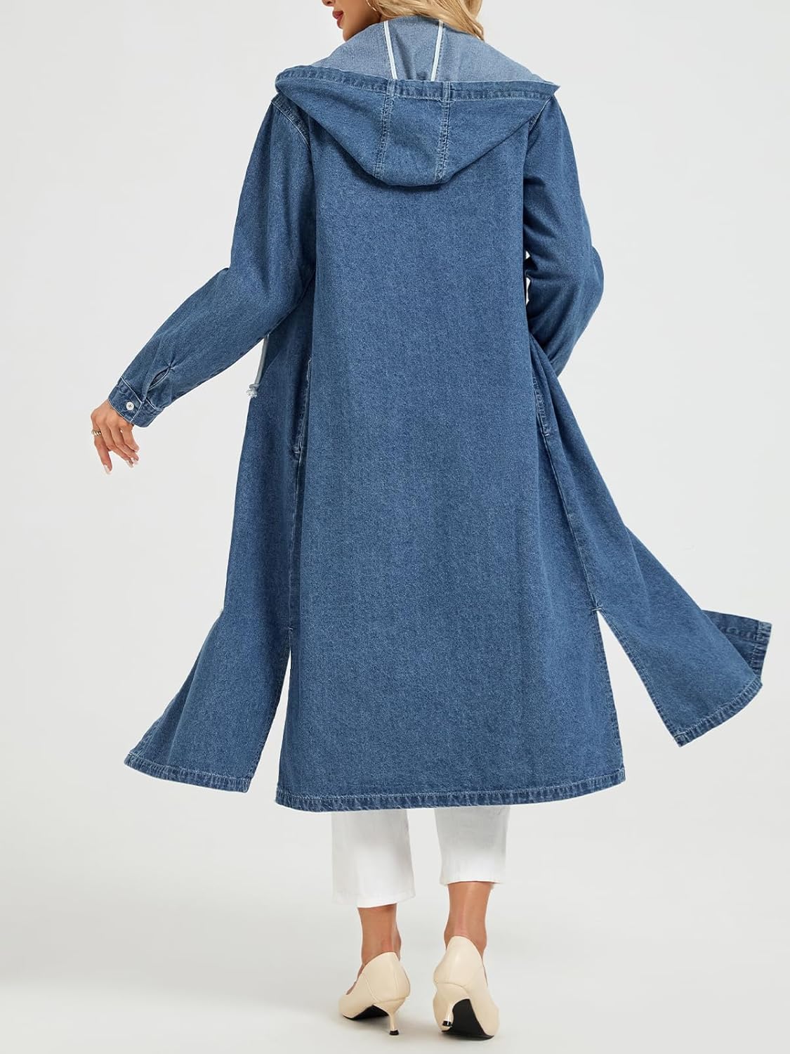 Women's Long Denim Jackets Maxi Trench Coat Jean Jacket with Drawstring Detachable Hoodie - Image 2