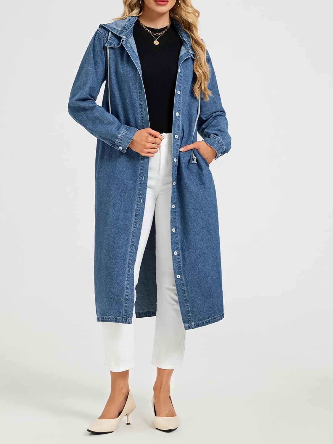 Women's Long Denim Jackets Maxi Trench Coat Jean Jacket with Drawstring Detachable Hoodie - Image 4
