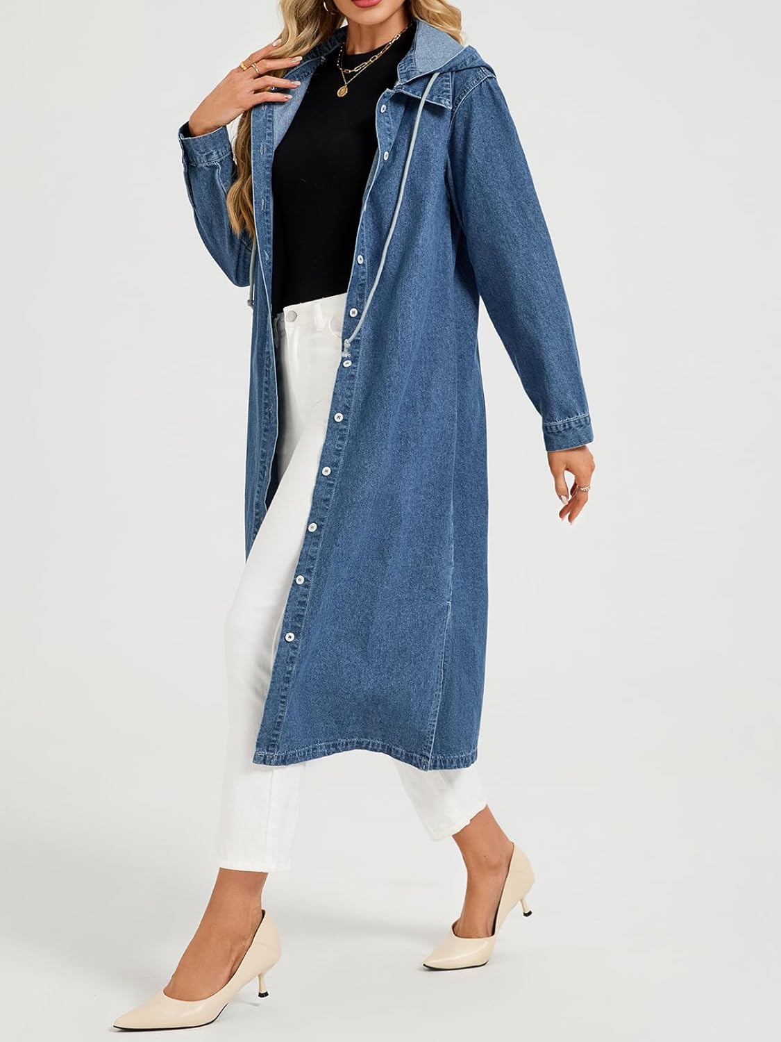 Women's Long Denim Jackets Maxi Trench Coat Jean Jacket with Drawstring Detachable Hoodie - Image 5