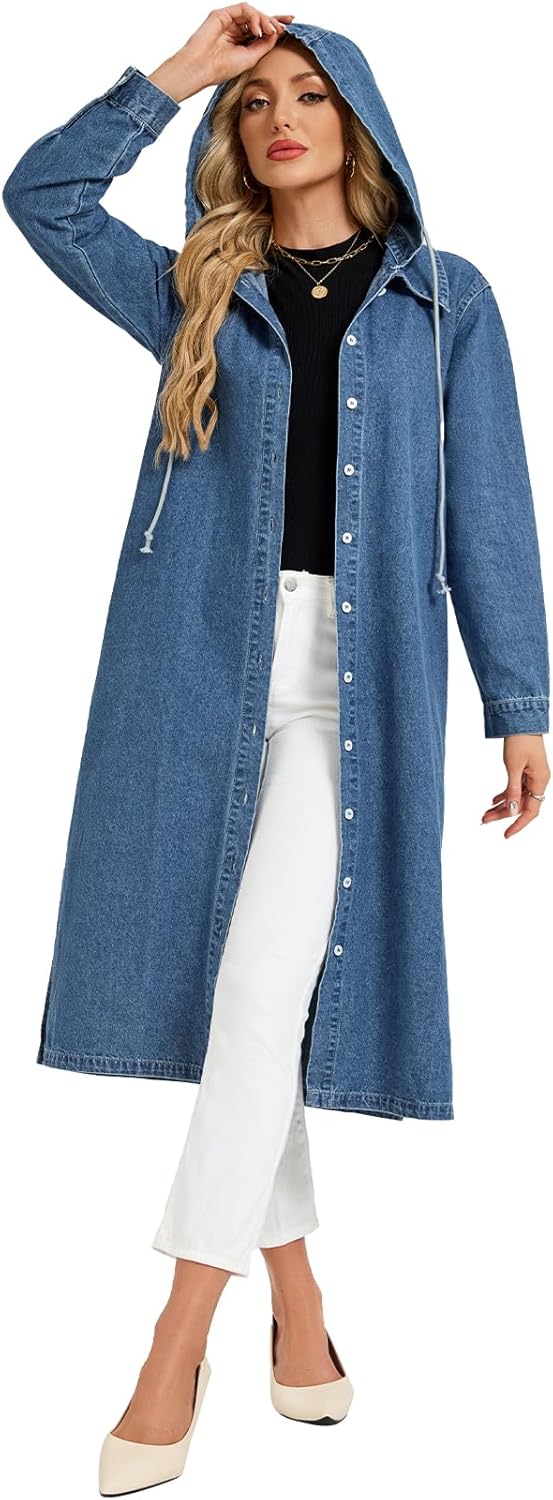 Women's Long Denim Jackets Maxi Trench Coat Jean Jacket with Drawstring Detachable Hoodie - Image 6