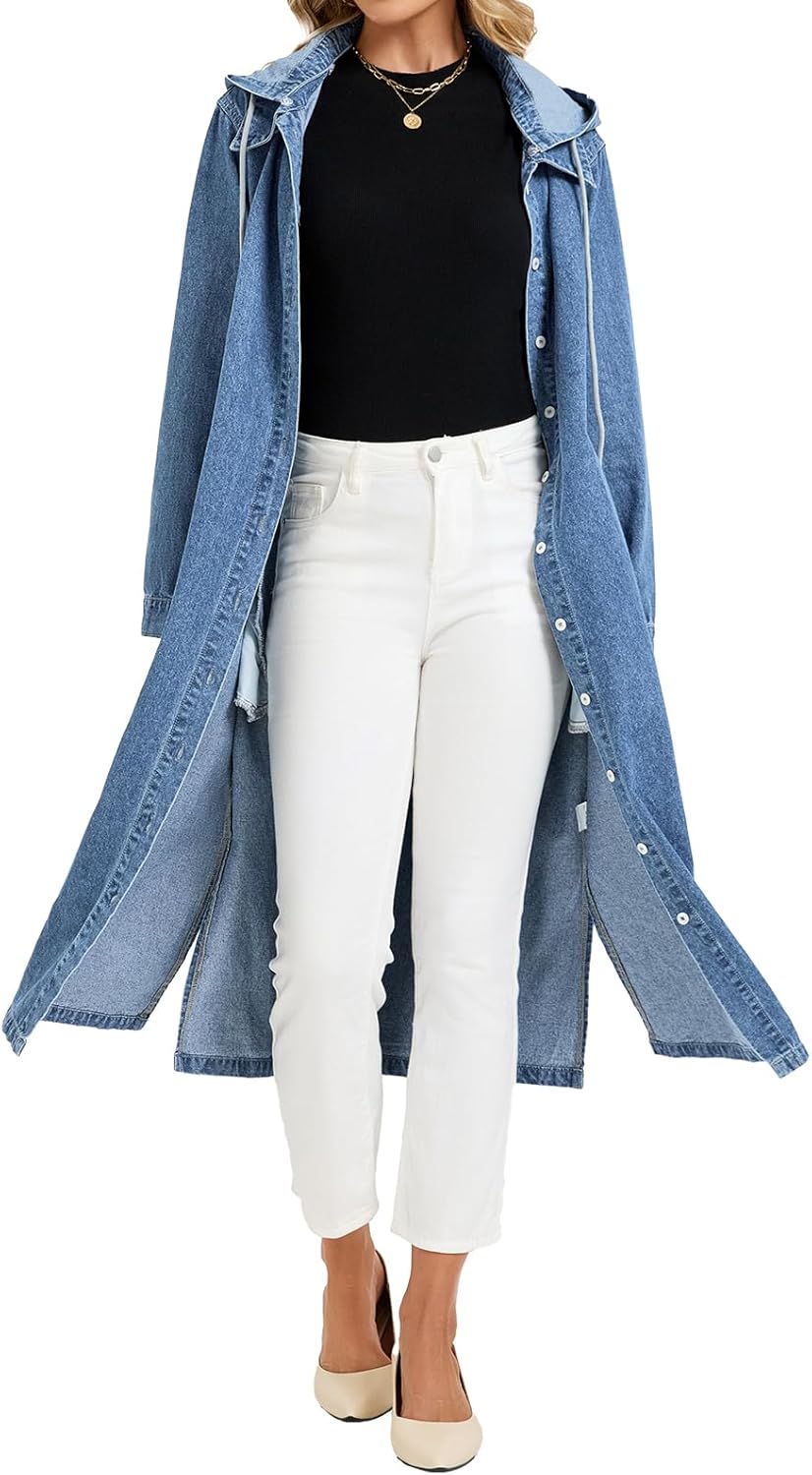Women's Long Denim Jackets Maxi Trench Coat Jean Jacket with Drawstring Detachable Hoodie - Image 7
