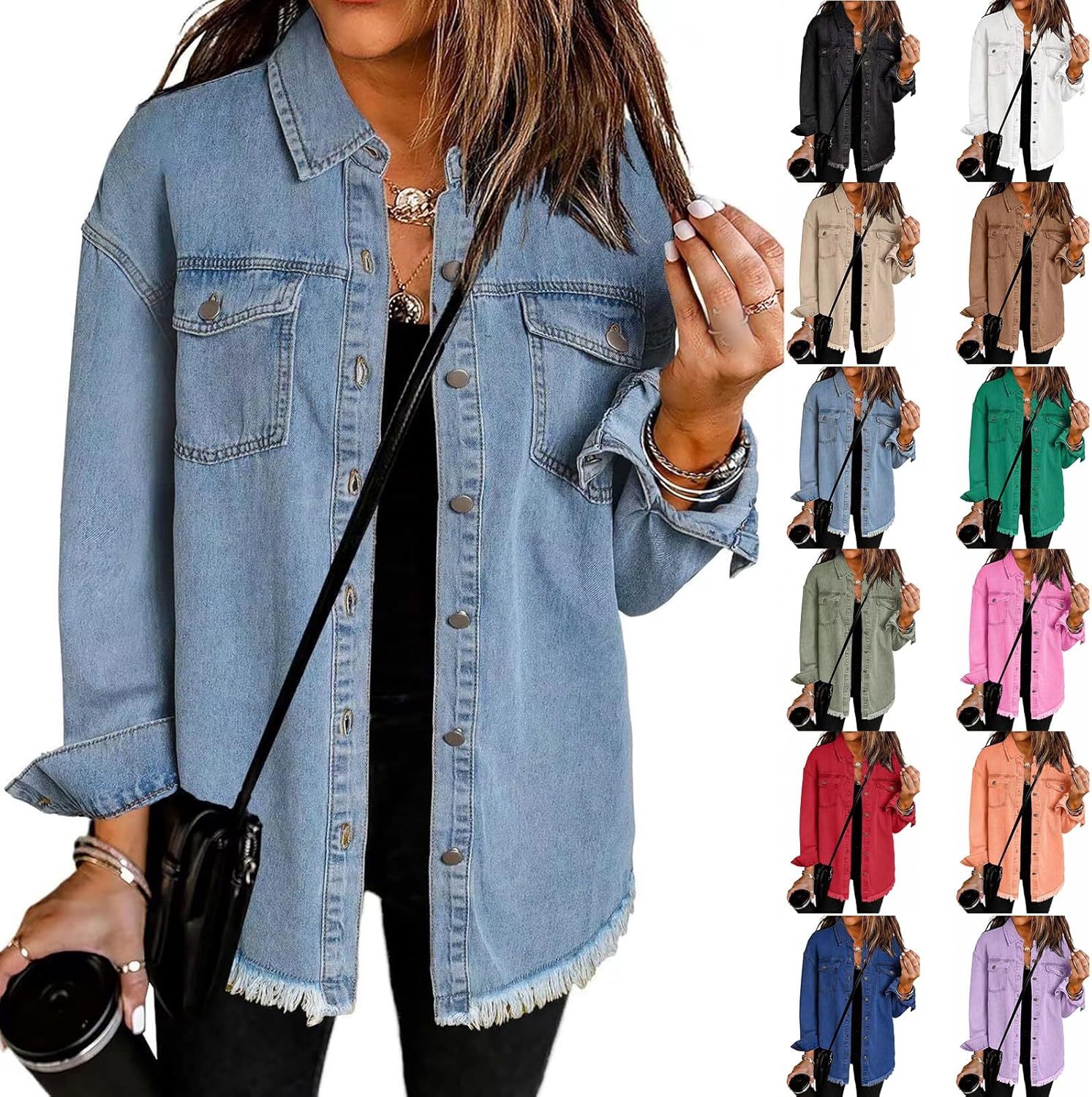 Women's Oversized Denim Jacket Lightweight Button Down Long Jean Jacket Casual Boyfriend Distresse Jacket Coats