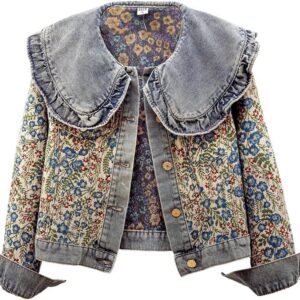 Xaspee Womens Peter Pan Collar Cropped Jean Jacket Embroidered Jacquard Long Sleeve Casual Floral Denim Jackets Coat