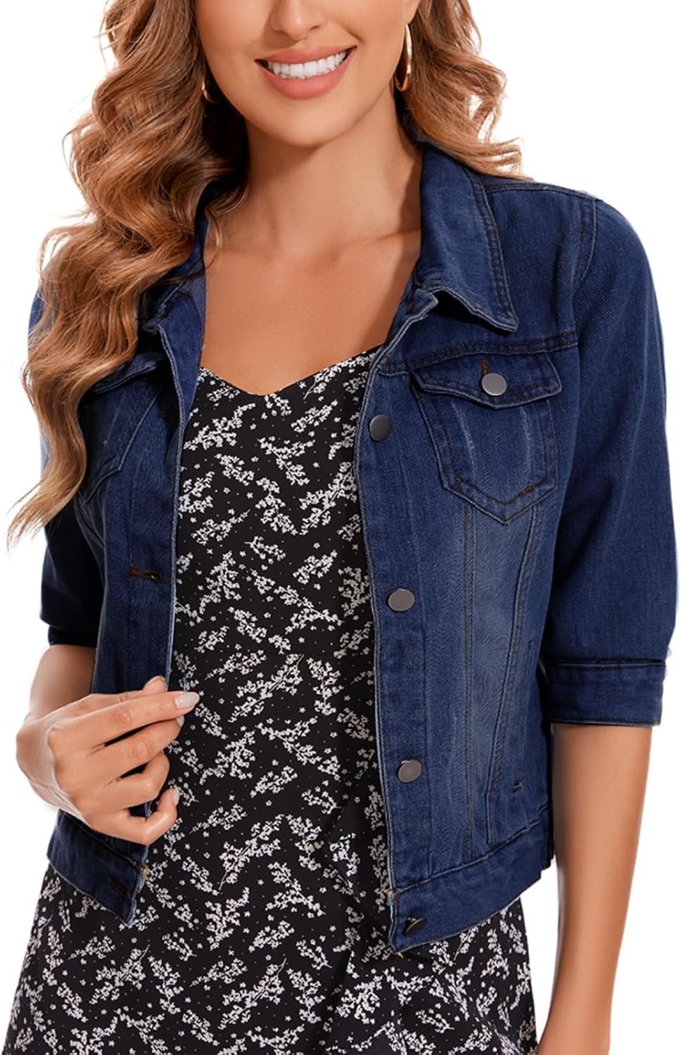 YOUNIFIZ Women's Short Denim Jacket 2025 Lapel Stretch Jean Coat Button Trendy 3\/4 Sleeve Cropped Denim Jackets