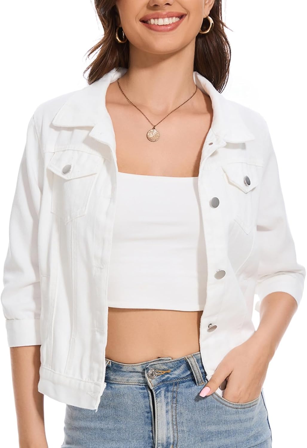 YOUNIFIZ Women's Short Denim Jacket 2025 Lapel Stretch Jean Coat Button Trendy 3\/4 Sleeve Cropped Denim Jackets - Image 7