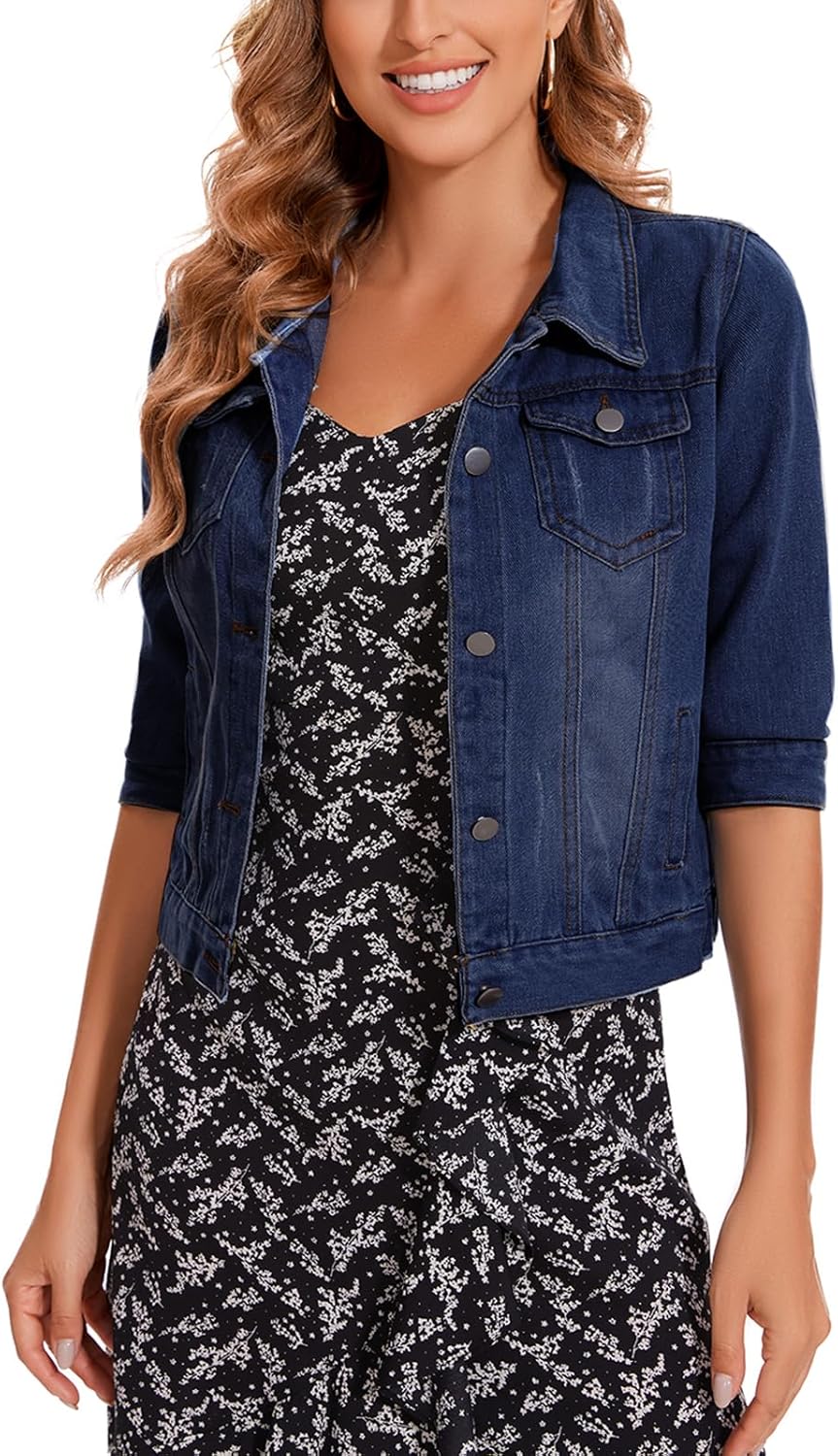 YOUNIFIZ Women's Short Denim Jacket 2025 Lapel Stretch Jean Coat Button Trendy 3\/4 Sleeve Cropped Denim Jackets - Image 4