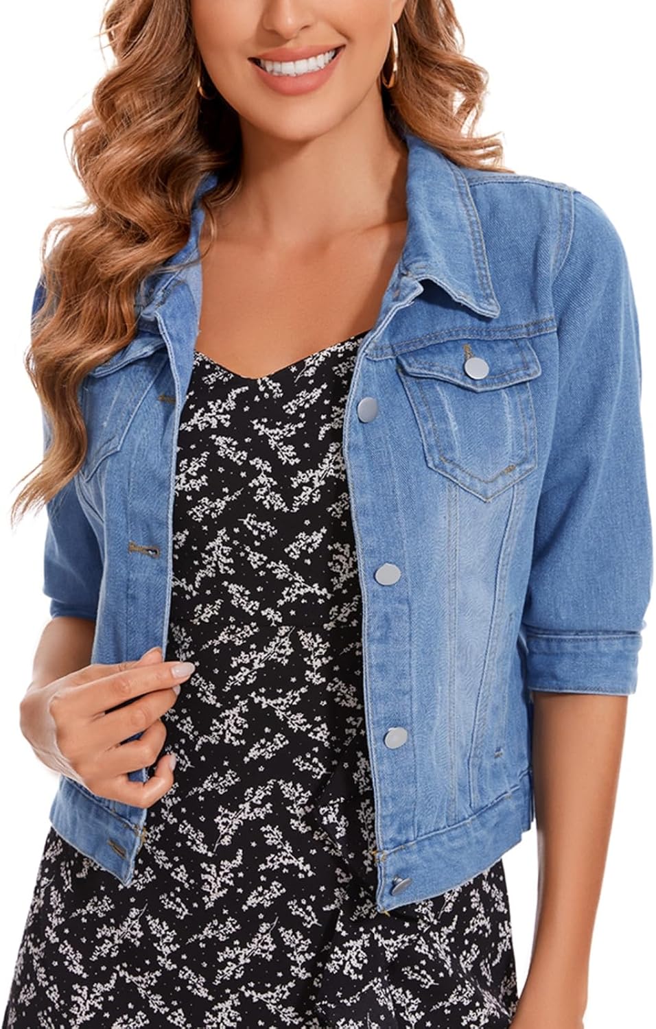 YOUNIFIZ Women's Short Denim Jacket 2025 Lapel Stretch Jean Coat Button Trendy 3\/4 Sleeve Cropped Denim Jackets - Image 8