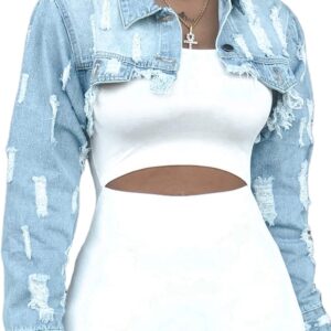 YouSexy Cropped Denim Jackets for Women Long Sleeve Destroyed Wash Jean Jackets