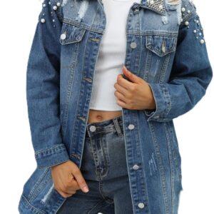 YPCT Women's Long Sleeve Button Down Pearl Jean Jacket Boyfriend Long Denim Coat